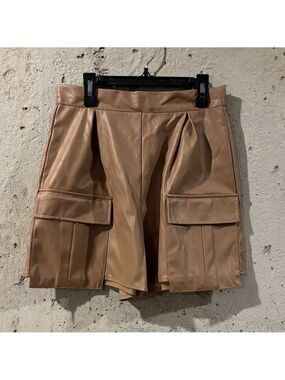 PrettyLittleThing Tan Faux Leather Camel Pocket Cargo Shorts -Size 10